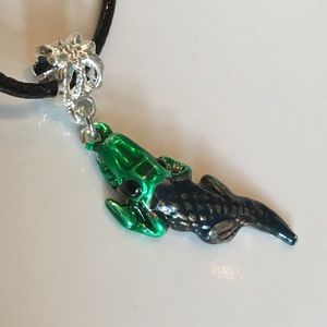 Crocodile -green & olive grey enamel on black cord